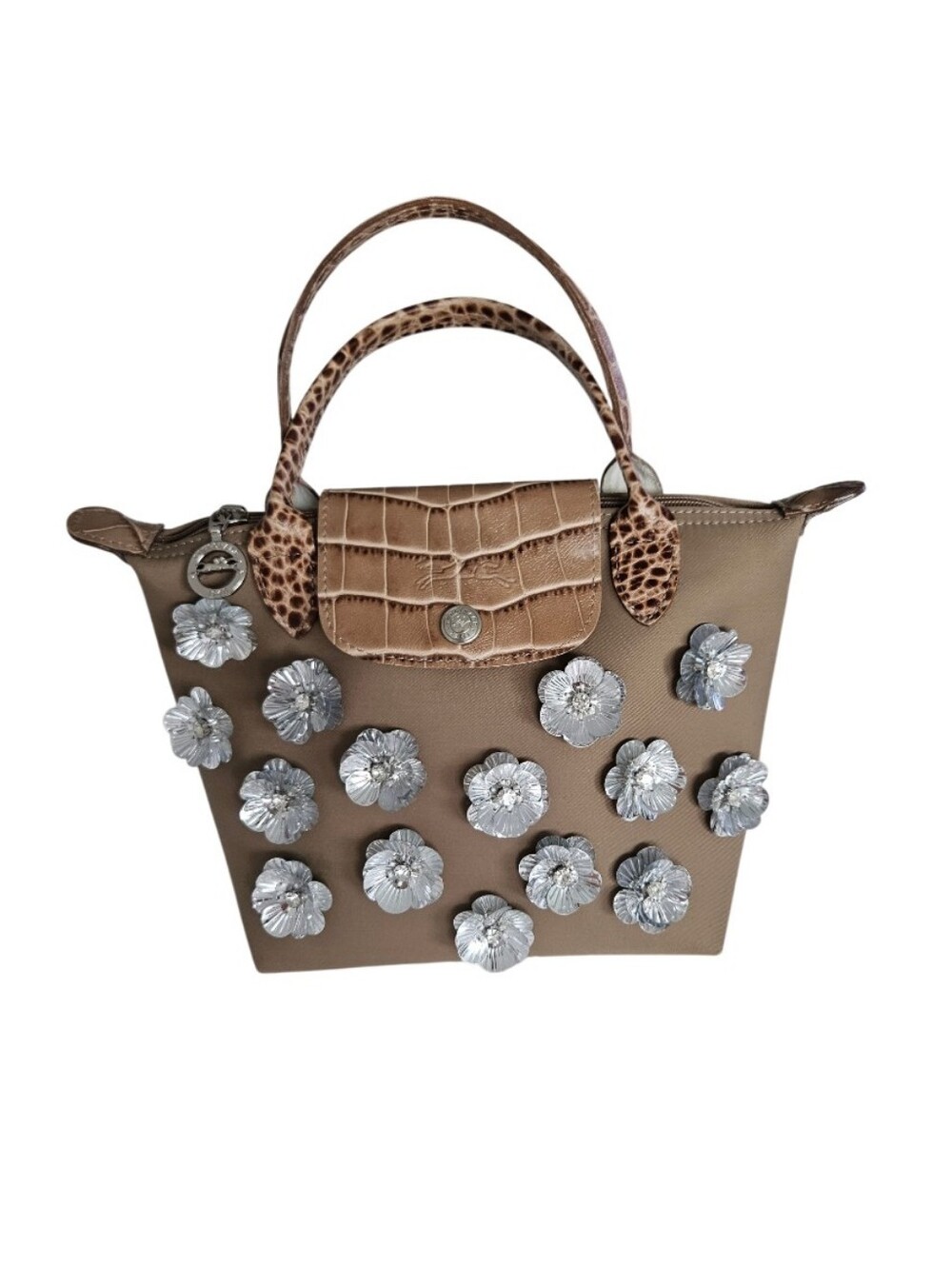 Longchamp La Pilage Taupe Floral Appliqué  Tote Mini Bag